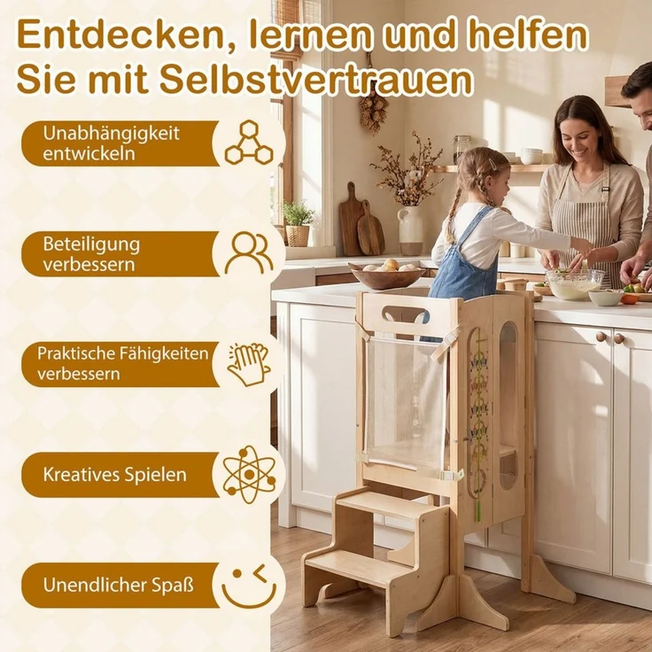 COSTWAY Tritthocker, 4 in 1 Lernturm klappbar mit 2-Stufen Hocker, Tafel – Bild 2