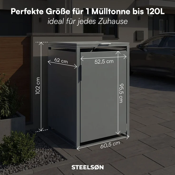 STEELSØN 'Thoria' Mülltonnenbox 1er je 120 Liter, anthrazit, Mülltonnenverkleidung aus Stahl, wetterfest, 102x62x60,5 cm, Müllbox für 1 Tonne – Bild 8