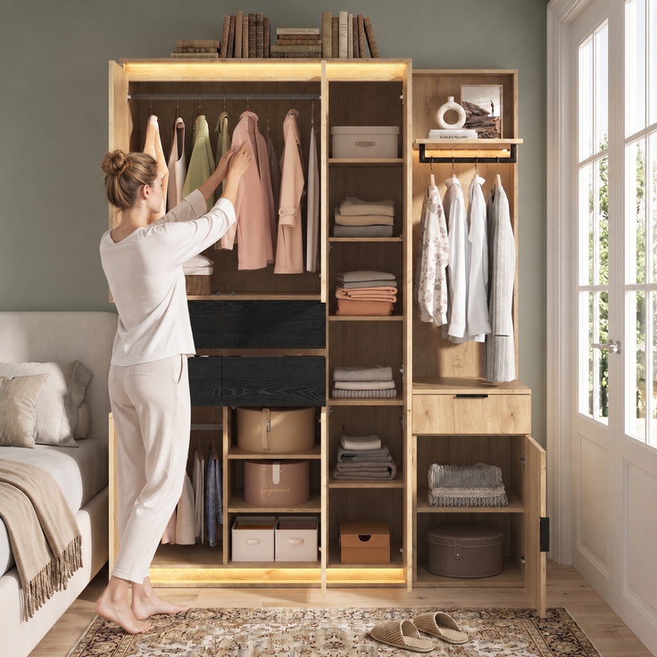 Kleiderschrank, Garderoben-Set Garderobe, mit LED-Beleuchtung und Spiegel, 155 x 47 x 200 cm, Eingangsgarderobe, mit 3 Kleiderstangen, 5 Schubladen and 3 LED-Beleuchtung, Anthrazit-eiche--Holz--155x47x200cm--YOUDENOVA – Bild 4