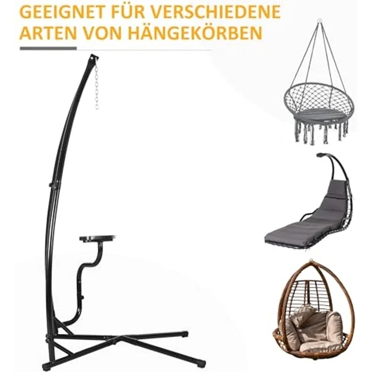 Outsunny Hängemattengestell mit Federhaken, Tablett, (Metall Ständer, 1-St, Gestell für Hängesessel), für Indoor Outdoor Balkon Schwarz – Bild 6