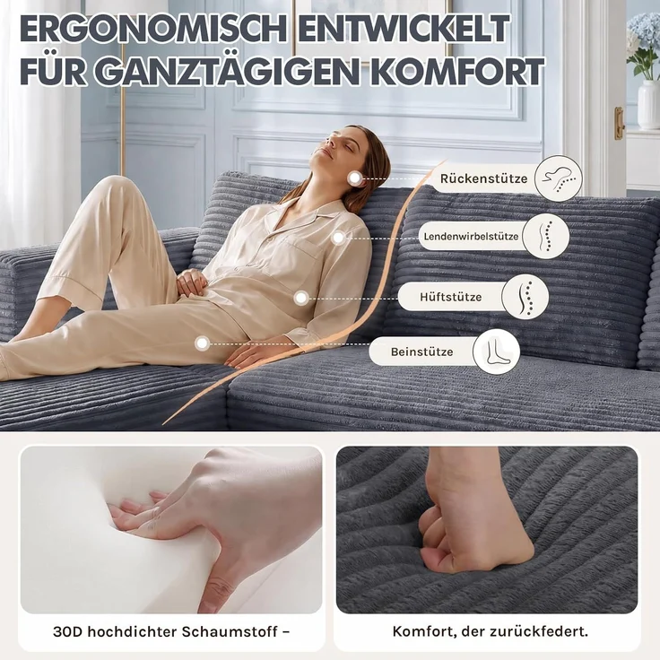 COMHOMA Ecksofa mit Schlaffunktion, 255cm Corduroy Modulares Boneless Couch mit Chaiselongue & Rücken-Metallgestell, L-Form Schlafsofa mit offenem Design, Kissen & Seitentaschen,für Wohnzimmer, Gris-R – Bild 12
