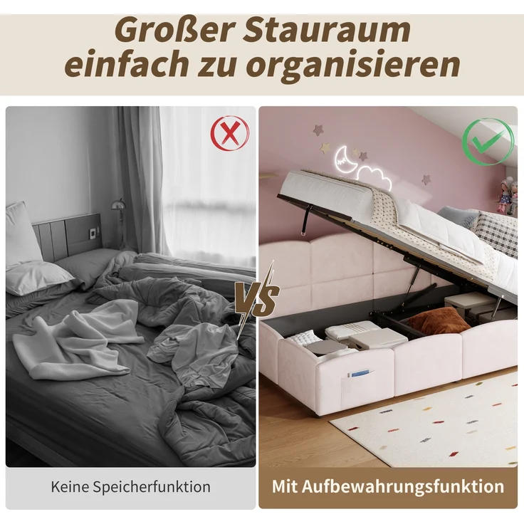 Polsterbett, Kinderbett Einzelbett Stauraumbett Schlafsofa mit Lattenrost USB-Ladegerät Stautasche Jugendbett und Erwachsenenbett, Samt, Rosa, 90×200 cm – Bild 3