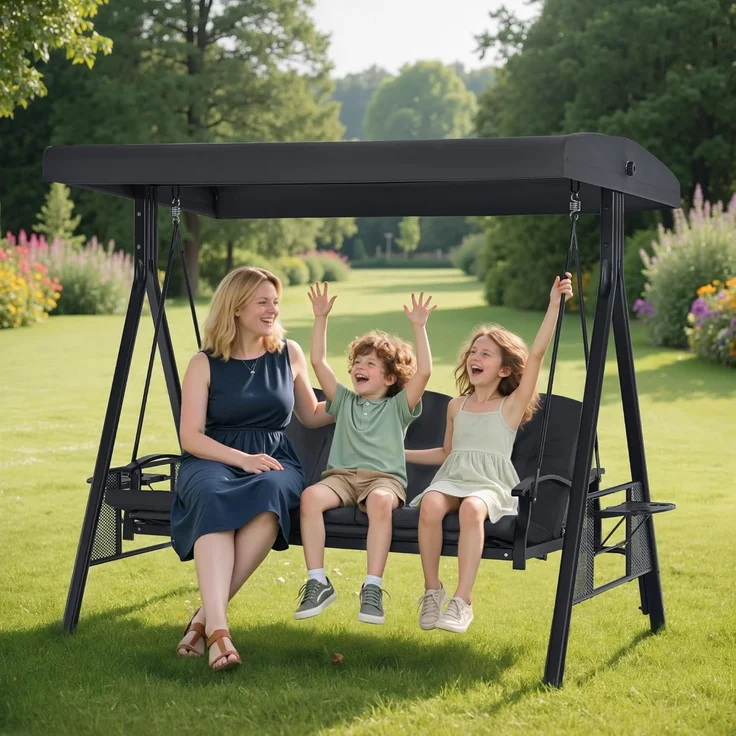 M MCombo 3-Sitzer Hollywoodschaukel mit Liegefunktion, Verstellbarem Sonnendach & Getränkehalter, Gartenschaukel bis 360kg Belastbar Schaukelbank Outdoor Wetterfest, 4093 (dunkgelgrau) – Bild 9