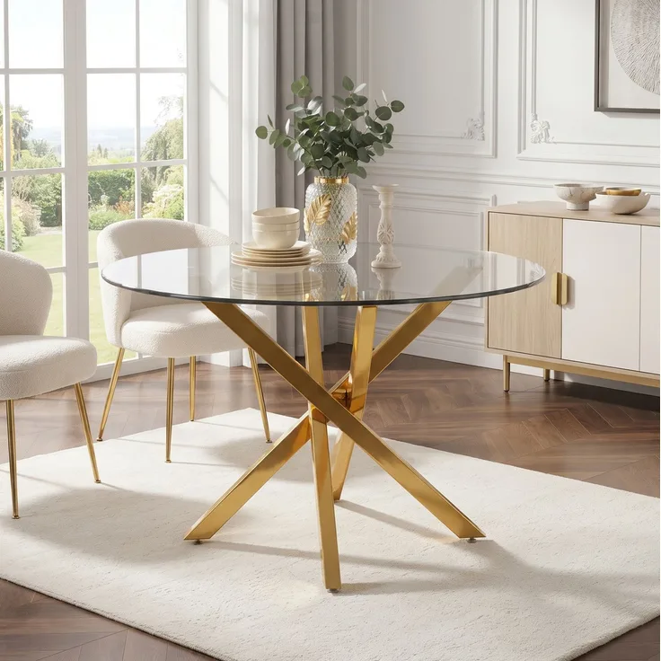 Runder Tisch 80 cm – Glasplatte und goldfarbenes Metallgestell mit Kreuzdesign