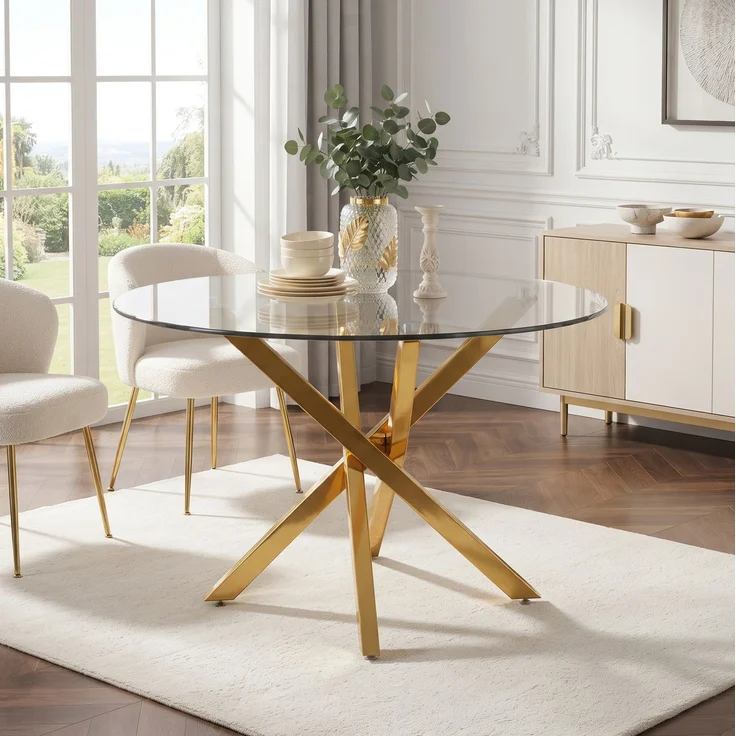 Runder Tisch 80 cm – Glasplatte und goldfarbenes Metallgestell mit Kreuzdesign – Bild 1