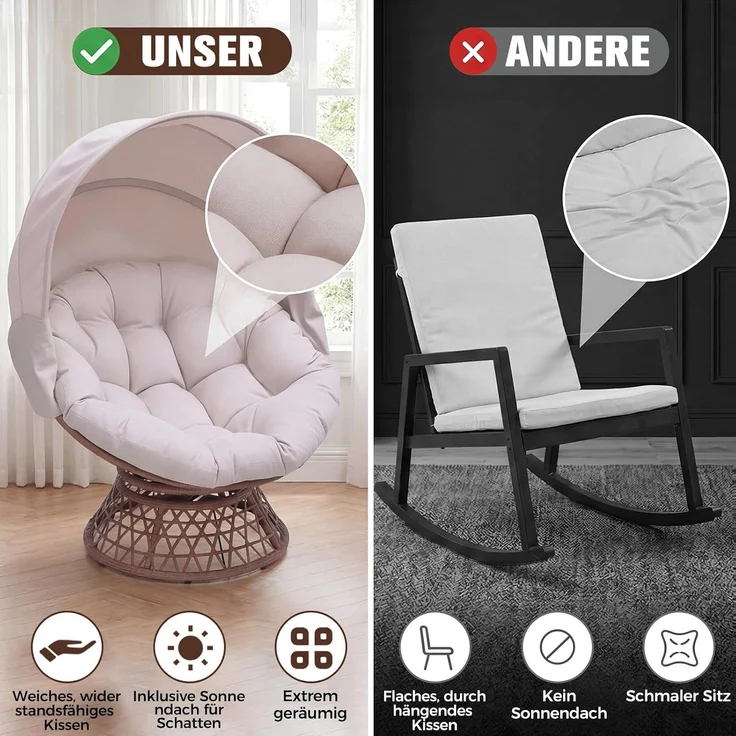 COMHOMA Papasansessel, gemütlicher Drehsessel mit Kissen rund, bequemer Rattansessel, Loungesessel drehbar, runder Relax Korbsessel Rattan für Wohnzimmer, Leseecke, Lounge - BEIGE – Bild 6