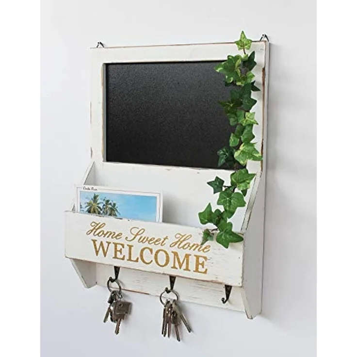 DanDiBo Wandorganizer Vintage Schlüsselbrett Holz mit Ablage 93751 Weiß 40cm Schlüsselboard Briefablage Kreidetafel Schlüsselkasten Shabby Chic Memoboard – Bild 4