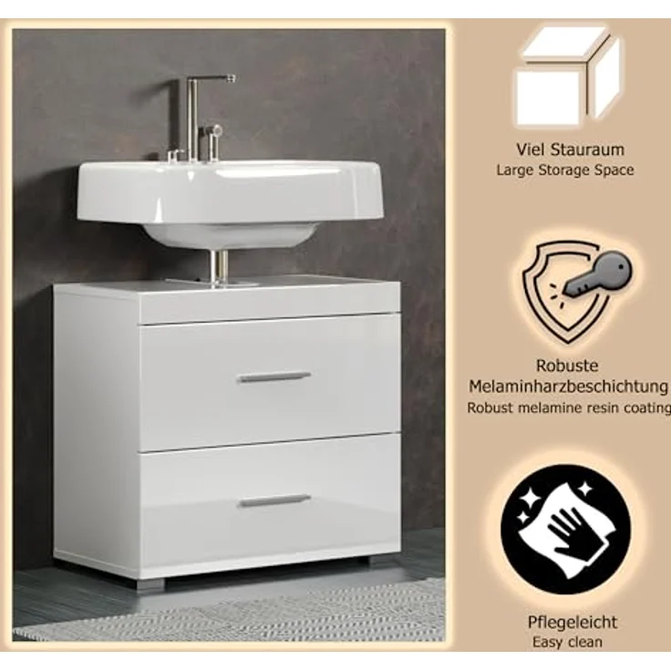 trendteam smart living – Amanda – Waschbeckenunterschrank – Weiß/Weiß Hochglanz – 2 Schubladen mit Vollauszug - (BxHxT) 60 x 56 x 34 cm - Kratzfest & pflegeleicht – Bild 8