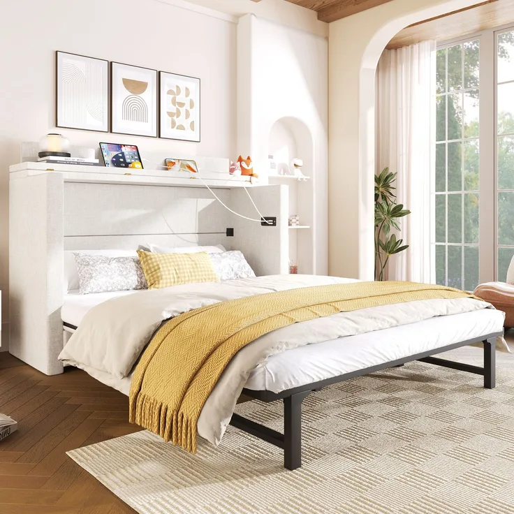 Schrankbett, 140 x 200, Mit einer Schublade,Mobiles Schrankbett mit Ablagefach am Bett, mit USB- und Typ-C-Anschlüssen, Umbaubares Plattformbett, Ohne Matratze,Leinen, Beige