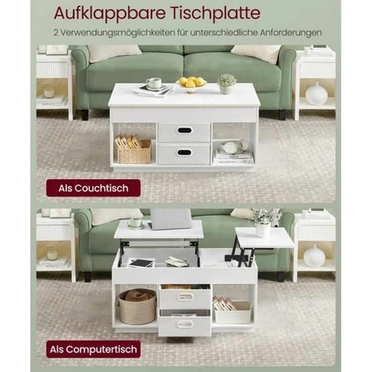 Vasagle Couchtisch, höhenverstellbarer Wohnzimmertisch, 2 Schubladen und versteckte Fächer, Kaffeetisch, offene Fächer, für Wohnzimmer, Homeoffice, schneeweiß – Bild 3