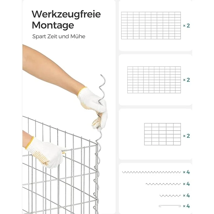 SONGMICS GabioneGabionenkorb,100 x 50 x 30 cm, 4er Set, Metall-Steinkorb mit 5 x 10 cm Maschenweite für Mauersteine, verzinkt, Steingabione Mauer, silber GGB453 – Bild 5