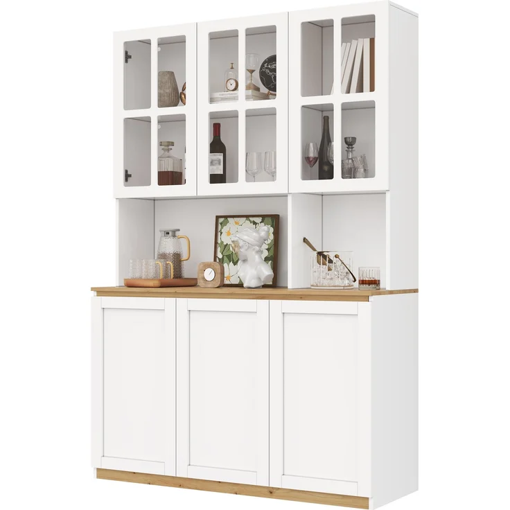 ZUBALIYA Vitrinenschrank 120x200cm, Buffetschrank mit LED-Beleuchtung, Küchenschrank mit Glasrahmentüren, Weiß mit Holzoptik, großer Wohnzimmerschrank als Barschrank, Geschirrschrank und Aufbewahrungsschrank – Bild 7
