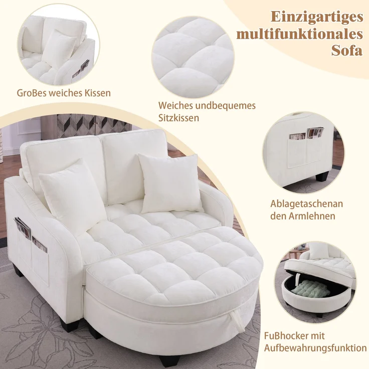 Multifunktionales Sofa, 2-in-3 Sofa-Bett mit Aufbewahrungs-Hocker atmungsaktiver Stoff für kleine Räume, Stoff und Eukalyptusholz, Black, – Bild 5