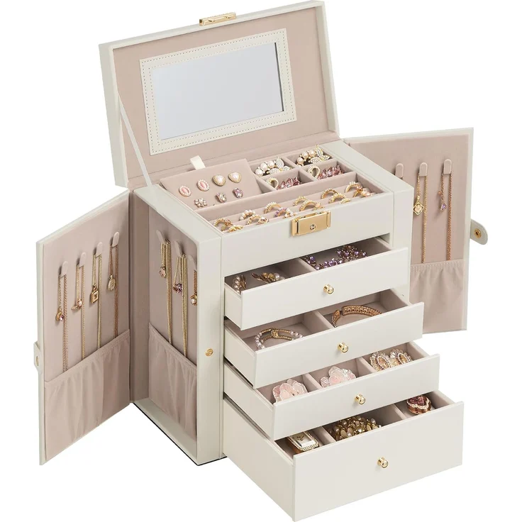 SONGMICS Schmuckbox mit 5 Ebenen, Schmuckkasten, mit Innenspiegel, abschließbar, weiß – Bild 1