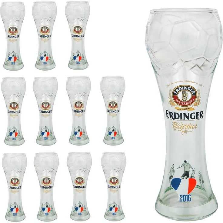 12er Set Weizen- - Weißbierglas mit Erdinger Logo und EM 2016 Verzierung - 0,5 l mit Füllstrich - perfekt für die diesjährige Europameisterschaft