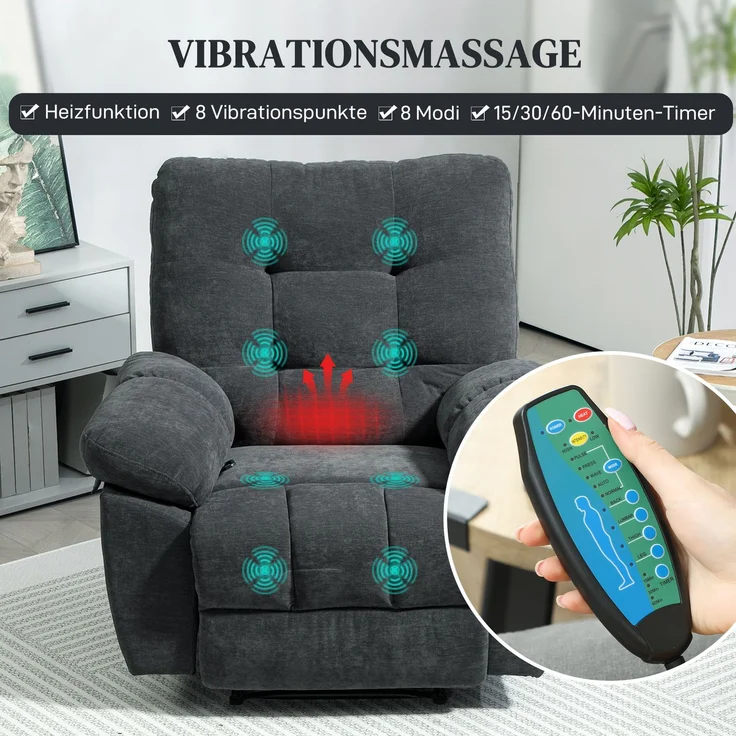 MELAYR, Recliner-Sessel, Massage-Polstersessel mit 8 Vibrationspunkten, 102 x 100 x 107 cm, Dunkelgrau – Bild 6