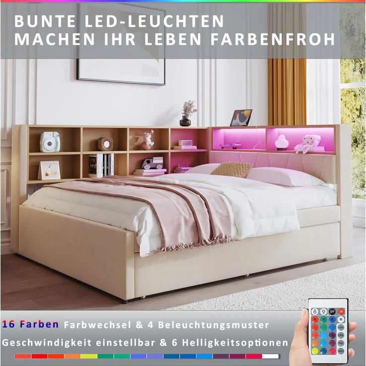 CHICFURN Bett Flanell Beige 140x200 cm mit Ausziehbett 90x190 cm, LED-Beleuchtung und USB- und Type-C-Anschlüssen – Bild 4