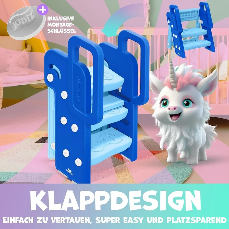 KIDIZ® Tritthocker für Kinder Trittleiter Klappbar mit 3 Stufen | Faltbarer Lern-Turm ab 18 Monaten bis 6 Jahren | Robust | Sicherer & Stabiler Trittschemel | Höhenverstellbar Rutschfest Blau / Hellblau – Bild 4