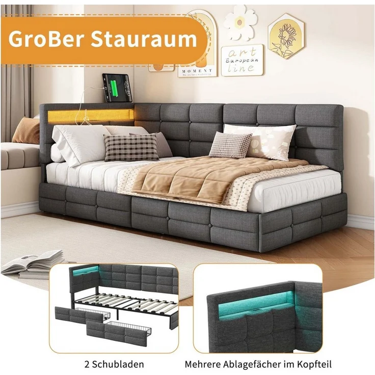 Simurq Polsterbett Polsterbett 90x200 mit L-Kopfteil, Jugendbett, Gästebett (LED-System, USB-Anschluss und Schublade), Modernes Einzelbett aus Leinenoptik-Stoff mit Stauraum – Bild 4
