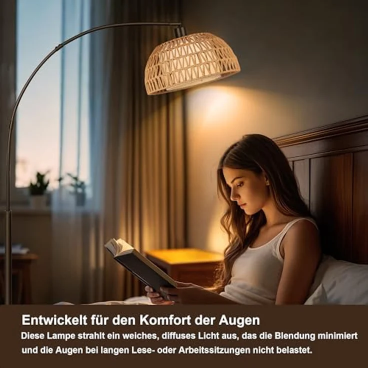ROTTOGOON Bogen Rattan Stehlampe für Wohnzimmer 3 Farbtemperaturen Dimmbare 9W LED mit Fußschalter Boho Landhausstil Stehleuchte für Schlafzimmer Büro inkl. Birne Schwarz – Bild 5