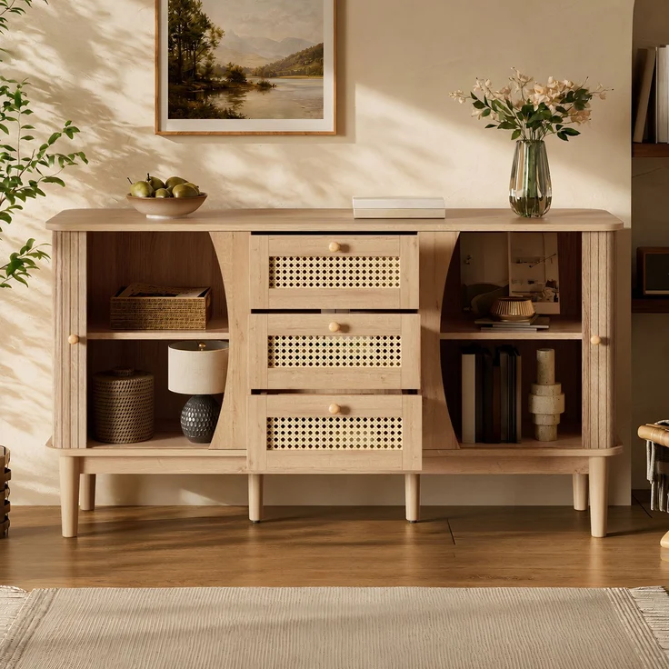 ZUBALIYA Kommode 141x40x77 cm, mit verstellbaren Einlegeböden, aus MDF, Natur – Bild 13
