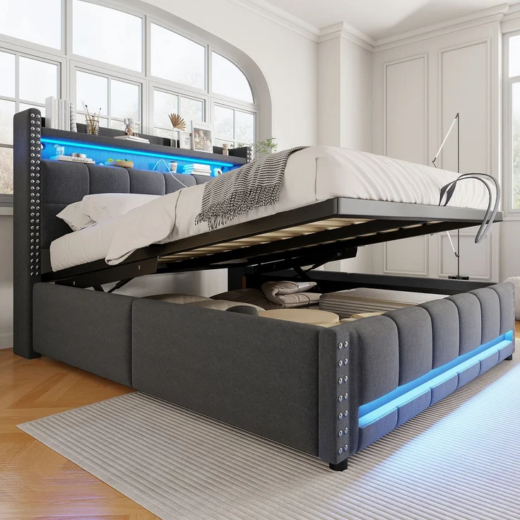 Polsterbett 140×200 cm mit Bettkasten, LED-Beleuchtung und USB-Anschluss, Grau – Bild 3