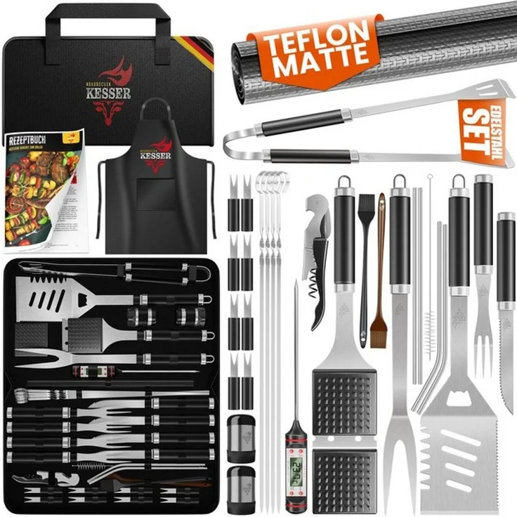 KESSER® Grillbesteck Set 37-teilig Grillzubehör aus rostfreiem Edelstahl Grillset mit Grillzange, Grillwender, 4in1 Grillspatel, Grillgabel, Grill-Spieß, Thermometer, Korkenzieher, Grillmatte & Tasche Schwarz – Bild 4