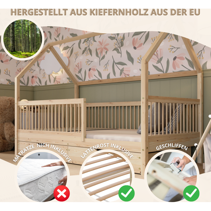 Crazy Pine 'Crazy Folly+' Hausbett mit hohem Rausfallschutz, Holz natur, 90x200 cm, mit Schublade – Bild 4