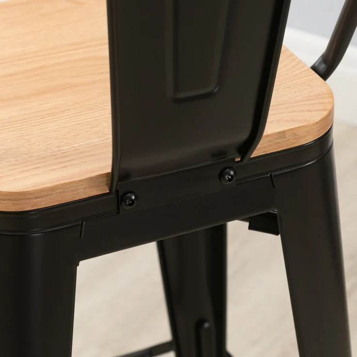 4er-Set Barhocker im Industriestil mit Rückenlehne und Fußstütze, Sitzhöhe 76 cm, schwarzes Metall, mehrschichtige Platten in heller Holzoptik – Bild 10