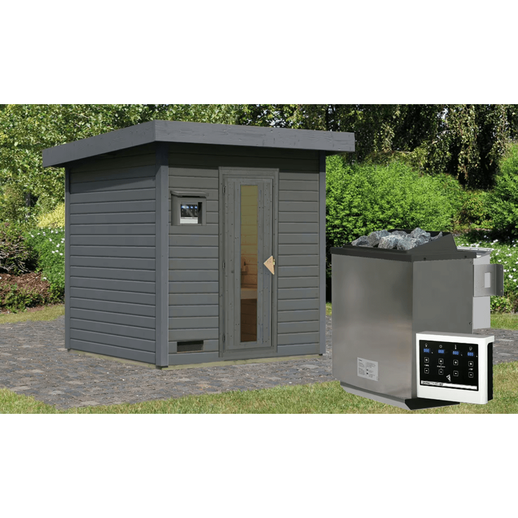 Karibu Sauna Hytti 2 terragrau mit 9 kW Bio-Ofen mit externer Steuerung