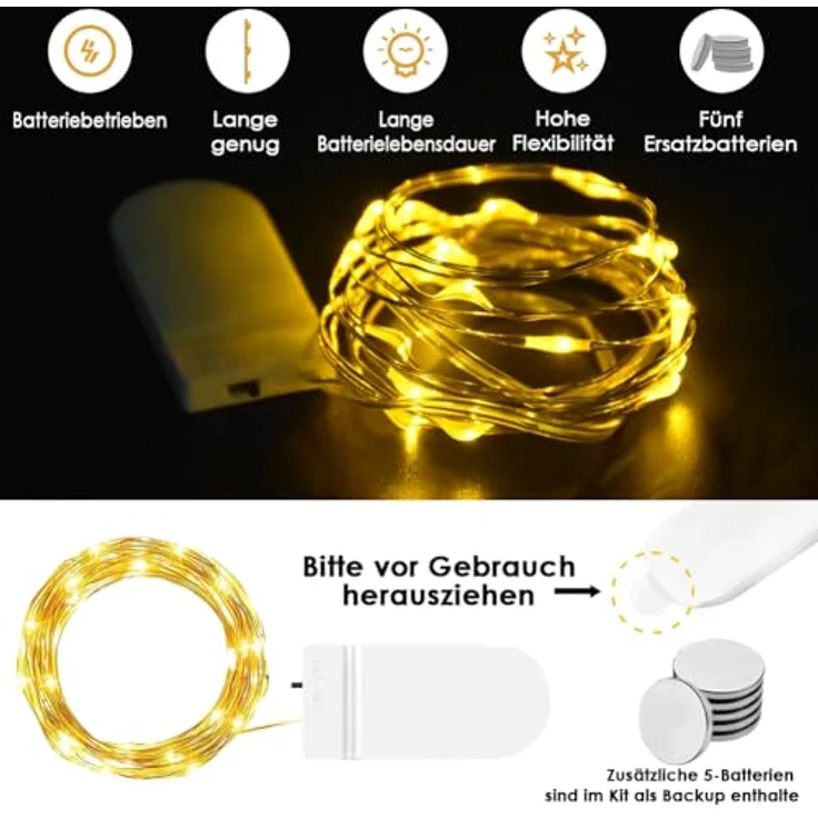 WEARXI Lichterkette Batterie, 10 Stück 2M 20 Mini LED Lichterkette mit Batterie, Lichterkette Innen, LED Lichterketten Batteriebetrieben, Lichterketten für Zimmer Deko, Hochzeitsdeko, Weihnachtsdeko – Bild 2