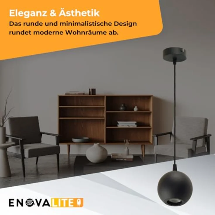 ENOVALITE Pendelleuchte GLOBE Schwarz, 1-flammige Deckenlampe mit GU10 Fassung, Ø100mm, 100cm Pendellänge – Bild 3