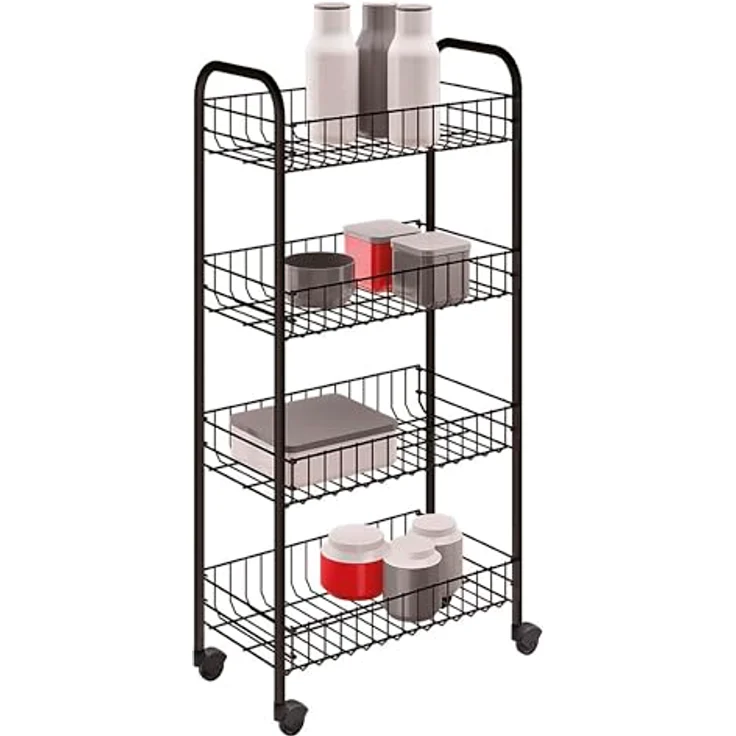 Metaltex Pisa 4-stöckiger Trolley mit Rädern, Mehrzweck-Aufbewahrungswagen für Küche, Bad, Büro und Garage, schwarz, 41 x 23 x 84 cm – Bild 3