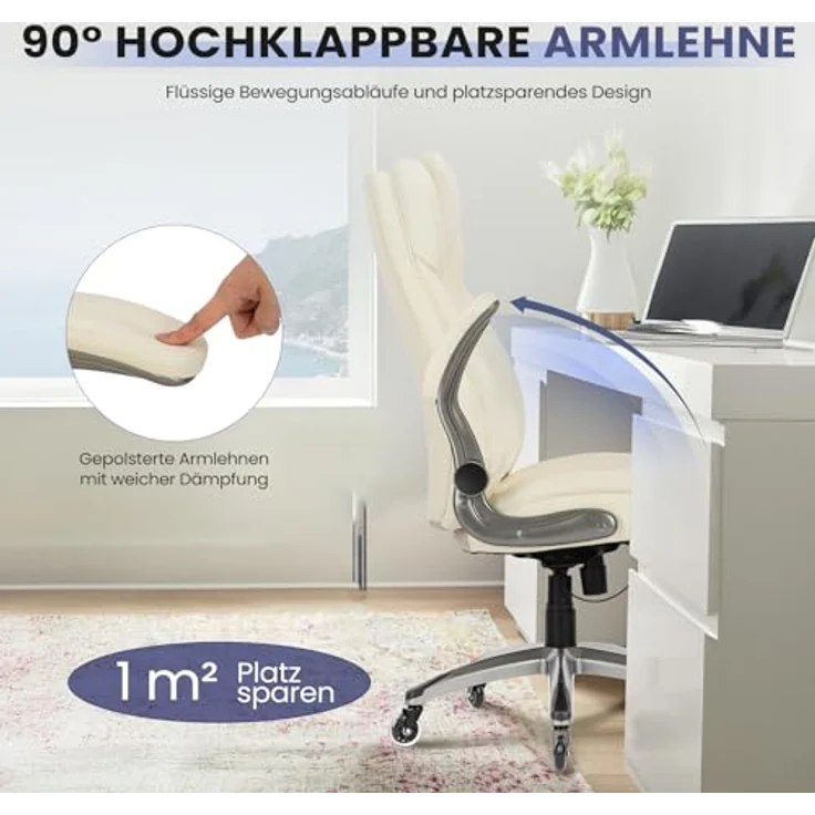 COLAMY Chefsessel aus Atmungsaktivem Leder – Ergonomischer Bürostuhl, Schreibtischstuhl，Bürostuhl Ergonomisch, Flip-up-Armlehnen& Leisen Rollen für Homeoffice und Büro, Elfenbein – Bild 8