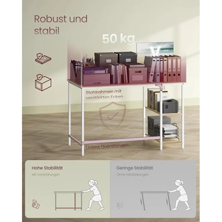VASAGLE Tisch, Computertisch, Bürotisch, 120 x 60 x 76 cm, moderner Stil, für Arbeitszimmer, Schlafzimmer, Wohnzimmer, naturbeige-perlweiß LWD047N02 – Bild 7
