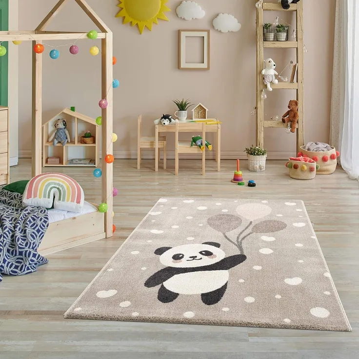 Jimri Kinderteppich Happy Friends Teppich für Kinderzimmer, Kinderteppich Bär Hase Panda, Läufer