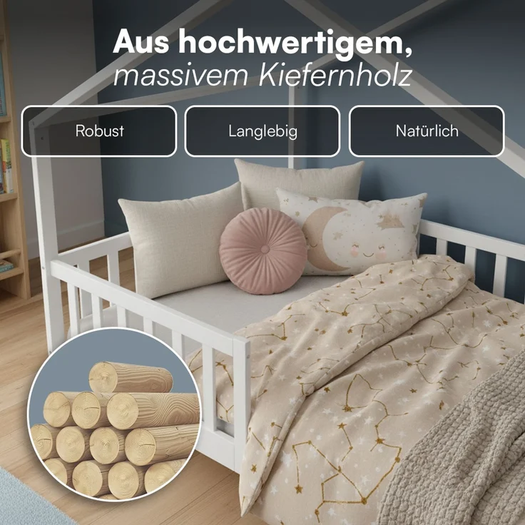 Bellabino 'Bia' Hausbett 140x200 cm mit Matratze, weiß, Kiefer Massivholz, Montessori Kinderbett mit Rausfallschutz und Lattenrost – Bild 5