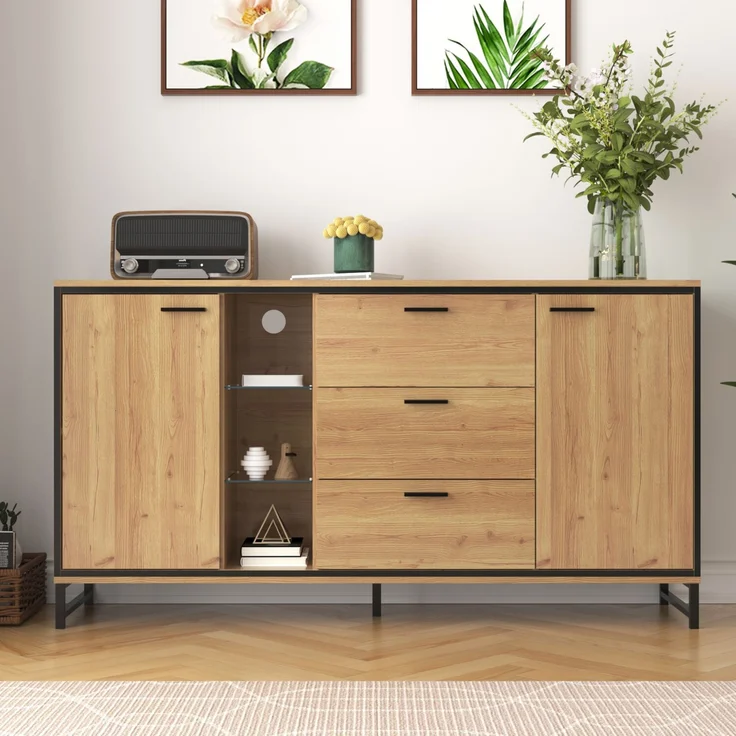 Sideboard modern mit LED Lichteffekt, 160 x 40 x 85 cm,Aufbewahrungsschrank mit 16 Farben, verstellbaren Regalen & Eisenfüßen – Bild 4