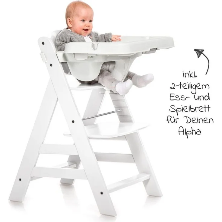 Hauck Hochstuhl Alpha Plus Weiß, Holz Kinderhochstuhl Babystuhl mit Essbrett, Sitzkissen - verstellbar – Bild 2
