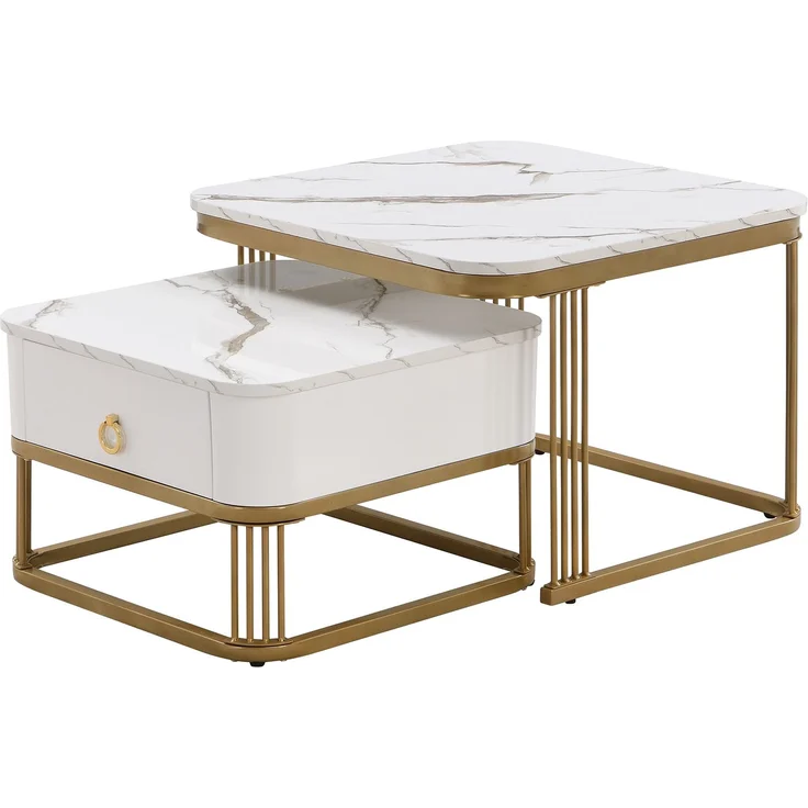 Merax Couchtisch Set Marmoroptik mit Schublade, Beistelltisch hochglanz, Satztisch,Wohnzimmertisch, Gold | Weiß – Bild 10