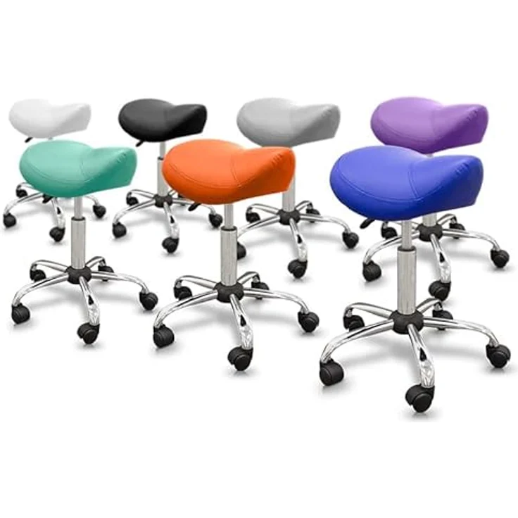 QUIRUMED Pony-Hocker, ergonomisch, mit Stahlgestell, Blaue Farbe, Kunstlederpolsterung, höhenverstellbar, gepolsterter Sitz, drehbare Räder, bis 150 kg, Blau – Bild 4