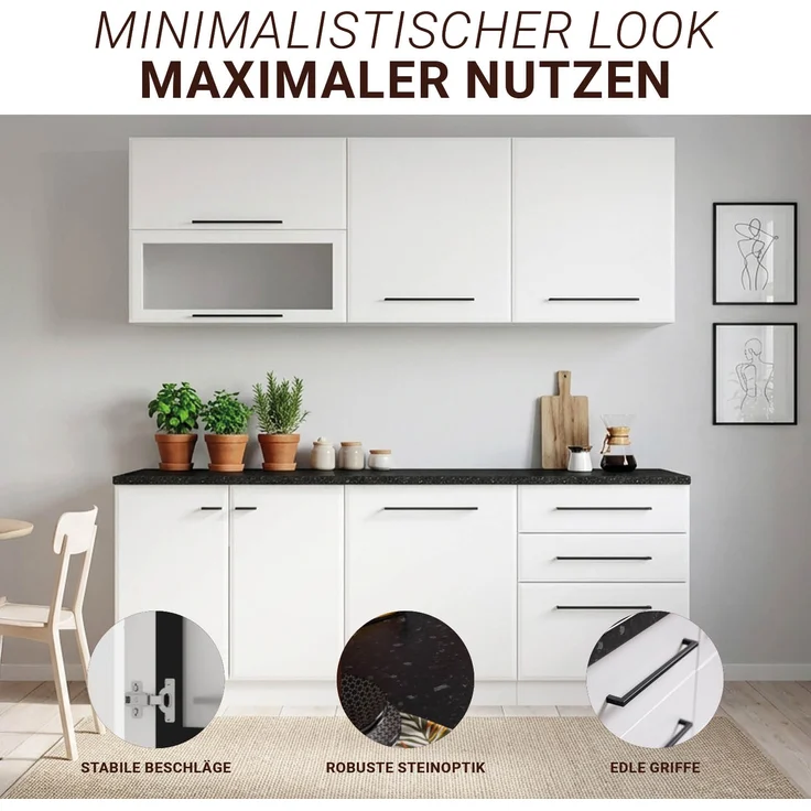 Moderne Küche Küchenzeile ohne Geräte 200 cm Weiß Einbauküche Singleküche Küchenschränke – Bild 5