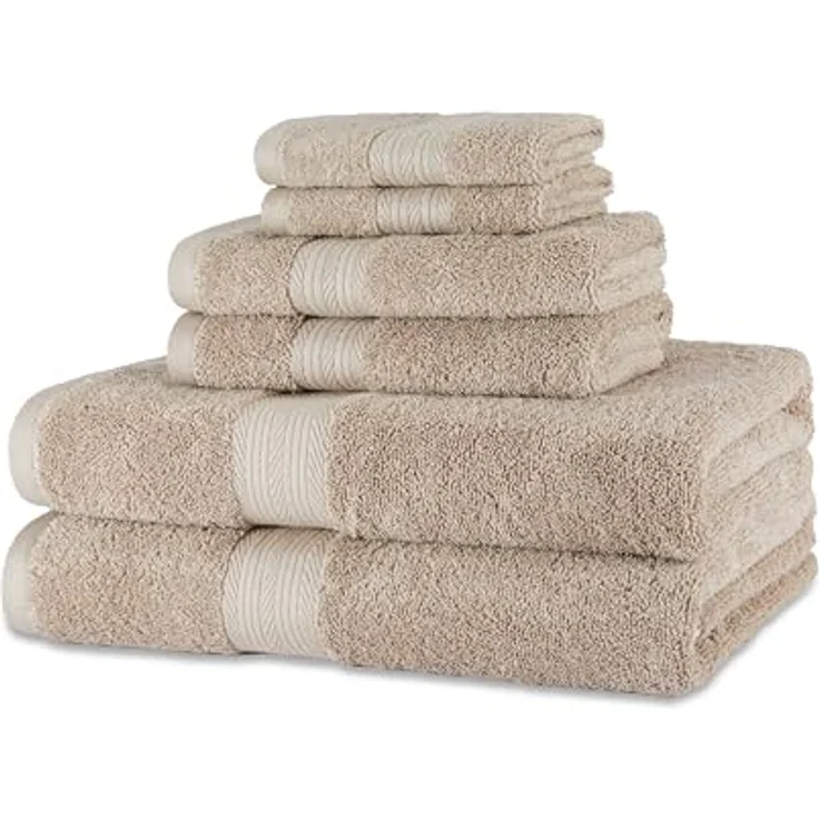 Amazon Basics Handtücher Set 6-teilig, 100% Bio-Baumwolle, ausbleichbeständig, weich, in Taupe, 2 Badetücher + 2 Handtücher + 2 Waschlappen – Bild 1
