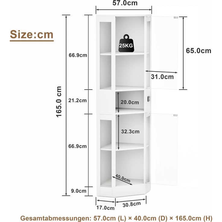 Fünfstöckige Glasvitrine mit Stauraum, LED-Beleuchtung, Glastüren und intelligenten Sensoren, Geeignet für Wohnzimmer, Schlafzimmer und Büros. Weiß.--Weiß--57x40x165cm--YOUDENOVA – Bild 7