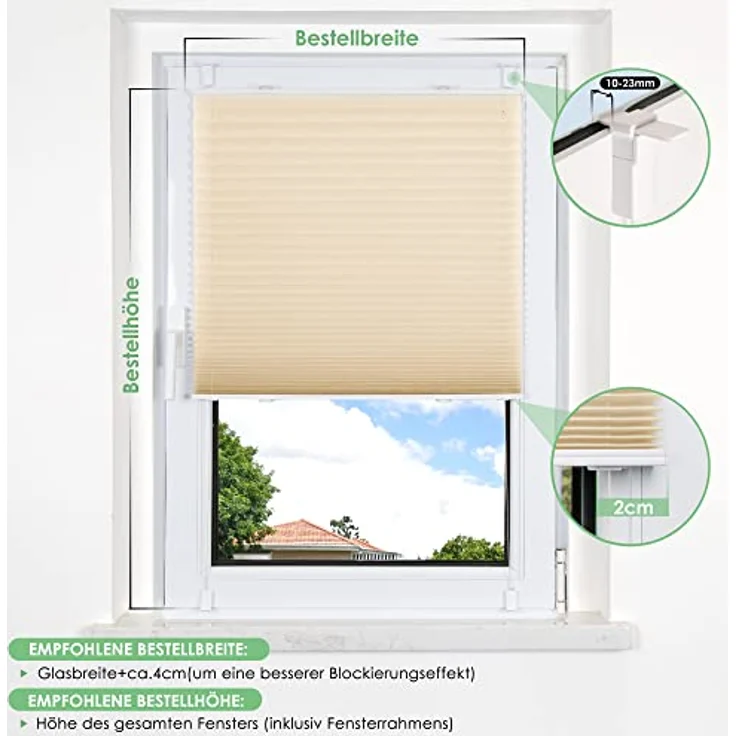 bobodeco Plissee ohne Bohren Klemmfix Faltrollo Jalousie Creme 100x130 cm (BxH), Plisseerollo Sichtschutz und Sonnenschutz Blickdicht Easyfix lichtdurchlässig Rollo für Fenster & Tür – Bild 7