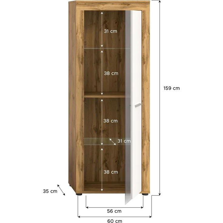 xonox. home Wohnen Jam X8BK6T10 Vitrine Glasvitrine Dekoschrank Glas-Kommode in Wotan Eiche Melamin und weiß Melamin, ca. B/H/T: 60 x 159 x 35 cm – Bild 4