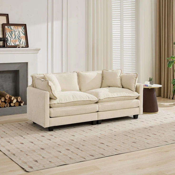 ZUBALIYA Sofa mit LED - Beleuchtung, mit Chenille - Bezug, mit Cordbezug, modular aufgebaut, aus Chenille, Beige – Bild 1