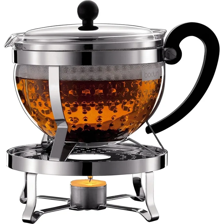 Bodum Teebereiter mit Plastikfilter 1,3 L mit Rechaud Chambord Set verchromt