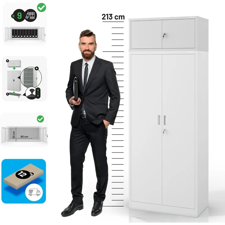 Jan Nowak Aktenschrankaufsatz C01L Aufsatz für Aktenschrank Büroschrank Metall Pulverbeschichtung Flügeltüren 38 x 80 x 40 cm (Grau) – Bild 7