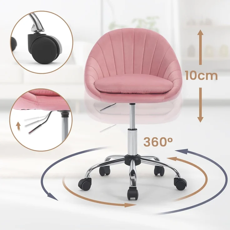 WOLTU Homeoffice Stuhl, Bürostuhl ergonomisch, Schminkstuhl drehbar, Drehstuhl mit Rollen, Schreibtischstuhl 150 kg belastbar, für Arbeitszimmer Schlafzimmer, Samt, Rosa, BS167rs – Bild 7